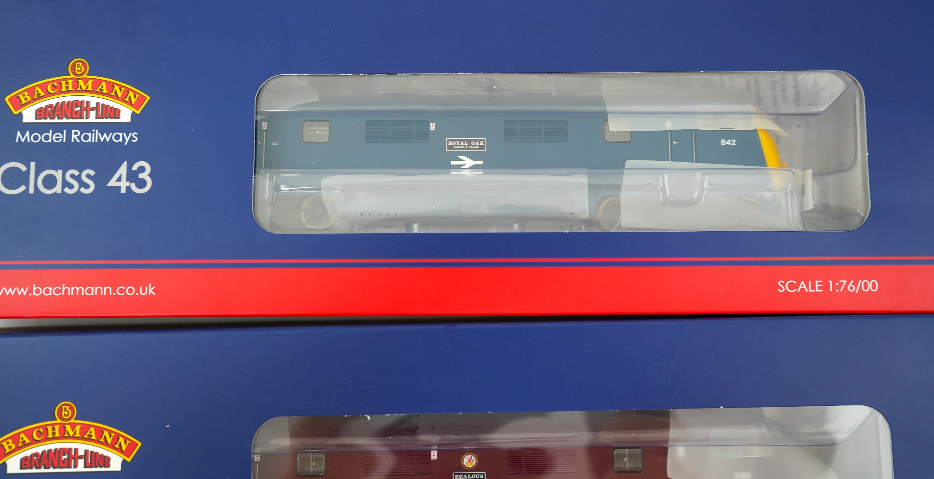 Two boxed Heljan 00 gauge railway BR Class 43 Bo-Bo Warship diesel-hydraulic locomotives; Zealous D865 (32-065) and Royal Oak 842 (32-067)